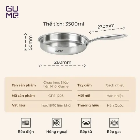 (Hàng nhập khẩu) Chảo Inox 18/10 Nguyên Khối Gume GPS-1226 Size 26cm Chống Dính Tự Thân