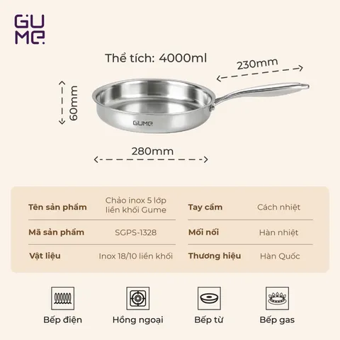 (Hàng nhập khẩu) Chảo Inox 18/10 Nguyên Khối Gume GPS-1228 Chống Dính Tự Thân Size 28cm