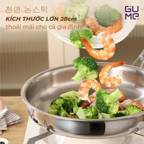 (Hàng nhập khẩu) Chảo Inox 18/10 Nguyên Khối Gume GPS-1228 Chống Dính Tự Thân Size 28cm