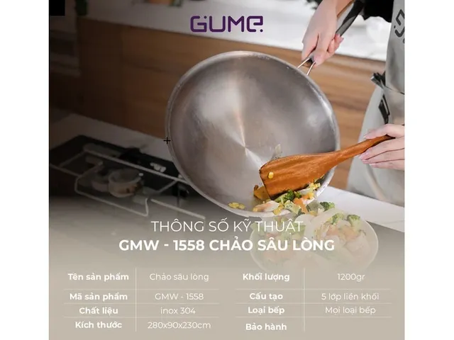 (Hàng nhập khẩu) Chảo sâu lòng inox 5 lớp liền khối 28cm Gume GMW-1558