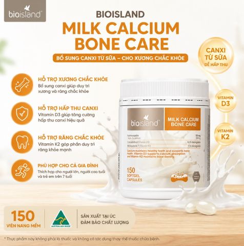 (Hàng Chính Hãng- Đủ VAT) Viên uống bổ sung Canxi Bio Island Milk Calcium Bone Care 150 viên - Hỗ trợ sức khỏe xương và răng chắc khỏe với vitamin D3, K2.