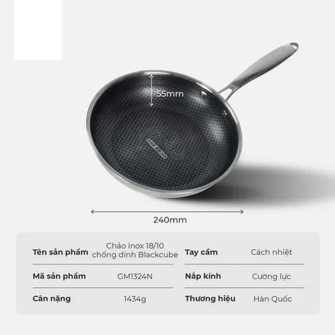 (Hàng nhập khẩu) Chảo inox 18/10 chống dính Blackcube Gume GM1324N size 24cm vung kính