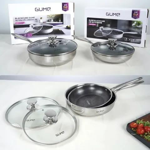 (Hàng nhập khẩu) Chảo inox 18/10 chống dính Blackcube Gume GM1324N size 24cm vung kính