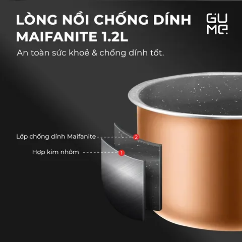 (Hàng nhập khẩu) Nồi cơm điện Gume GM-RC13 1.2L lòng nồi đá Maifanite chống dính