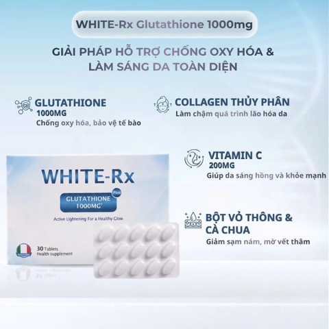 (Hàng nhập khẩu) Viên Uống WHITE-RX Glutathione 1000mg - Hỗ Trợ Sáng Da, Mờ Thâm Nám, Chống Oxy Hóa 30 Viên