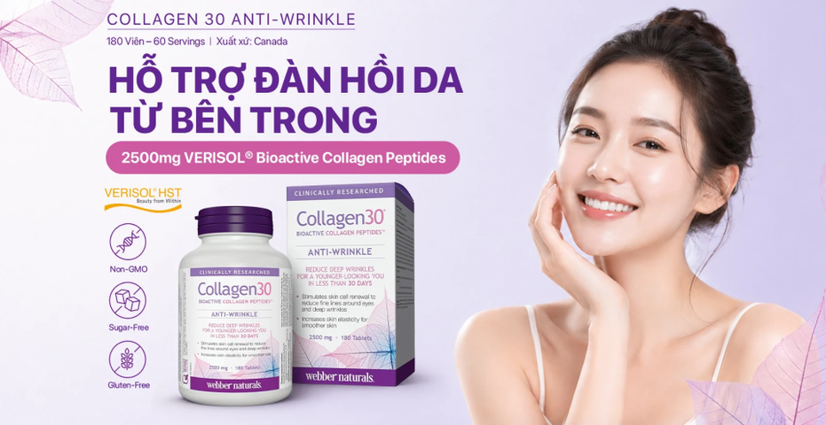(Hàng nhập khẩu) Viên uống đẹp da Webber Naturals Collagen30 Anti-Wrinkle 2500mg