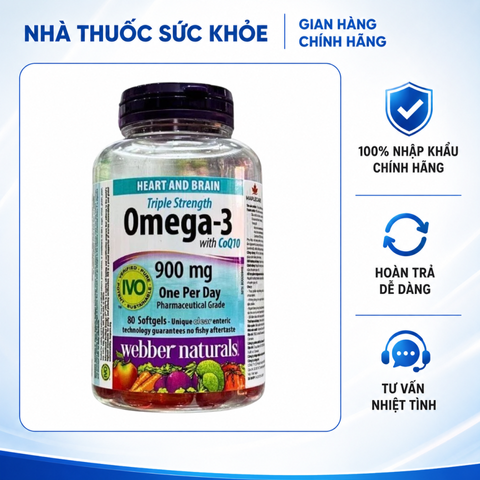 (Hàng nhập khẩu) Viên Uống Webber Naturals Triple Strength Omega 3 900mg + CoQ10 Hỗ Trợ Tim Mạch & Não Bộ, Hộp 80 Viên