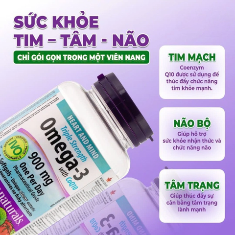 (Hàng nhập khẩu) Viên Uống Webber Naturals Triple Strength Omega 3 900mg + CoQ10 Hỗ Trợ Tim Mạch & Não Bộ, Hộp 80 Viên
