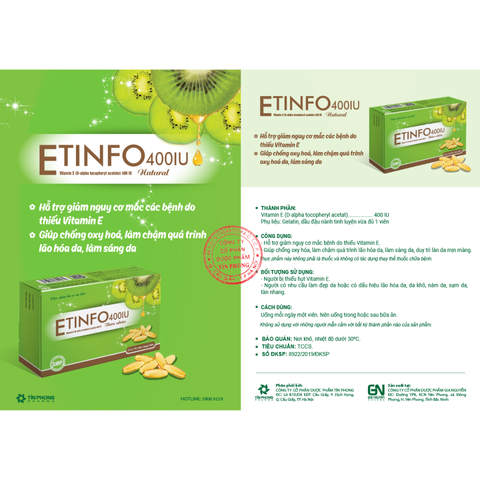 (Hàng chính hãng) Viên Uống Vitamin E Thiên Nhiên Etinfo 400IU Hộp 30 Viên- Hỗ Trợ Chống Oxy Hóa, Dưỡng Da Sáng Mịn Màng