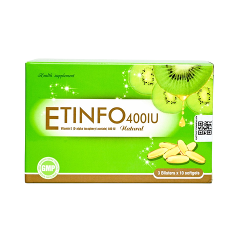 (Hàng chính hãng) Viên Uống Vitamin E Thiên Nhiên Etinfo 400IU Hộp 30 Viên- Hỗ Trợ Chống Oxy Hóa, Dưỡng Da Sáng Mịn Màng