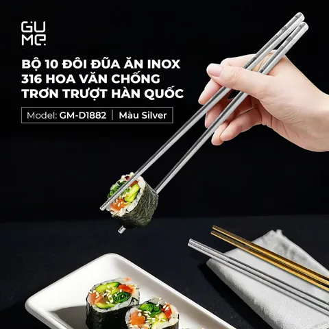 (Hàng nhập khẩu) Bộ 10 Đôi Đũa Inox 316 GUME GM-D1882 Chống Trơn Trượt - Màu Bạc