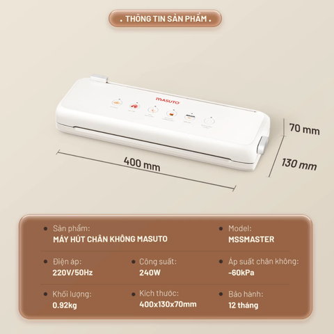 (Hàng chính hãng) Máy Hút Chân Không Masuto MSSMaster - Công Suất 240W, Lực Hút 60kPa