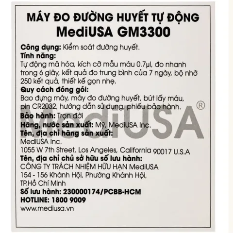 (Hàng nhập khẩu) Máy Đo Đường Huyết MediUSA GM3300 - Không Cần Cài Mã Que Thử, Kết Quả Trong 6 Giây