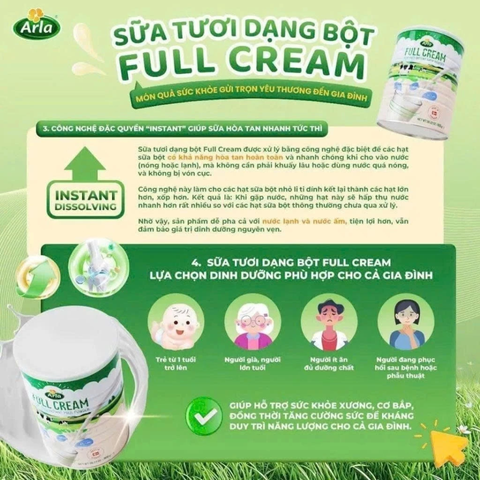 (Hàng nhập khẩu) Sữa bột nguyên kem Arla Full Cream cho bé trên 1 tuổi và người lớn