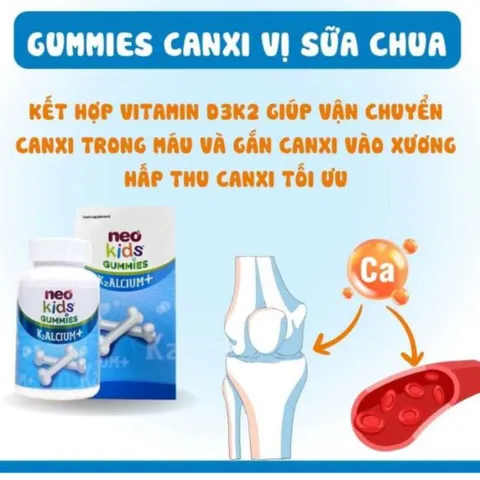 (Hàng nhập khẩu) Kẹo Dẻo Neo Kids Gummies K2ALCIUM+ Lọ 60 Viên - Bổ Sung Canxi, Vitamin D3, K2 Cho Bé