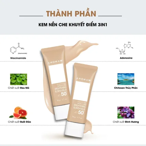 (Hàng nhập khẩu) Kem Nền Ahohwa Brightening Blemish Balm SPF50+/PA+++ 50gr - Che Khuyết Điểm 3in1