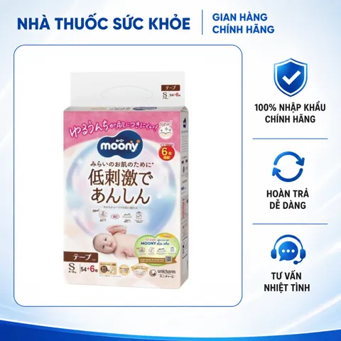 (Hàng nhập khẩu) Tã Dán Moony Dịu Nhẹ Size S 54+6 Miếng - Mặt Bông Organic, Siêu Thấm Hút & Ngăn Ngừa Hăm Tã Cho Bé (4-8kg)