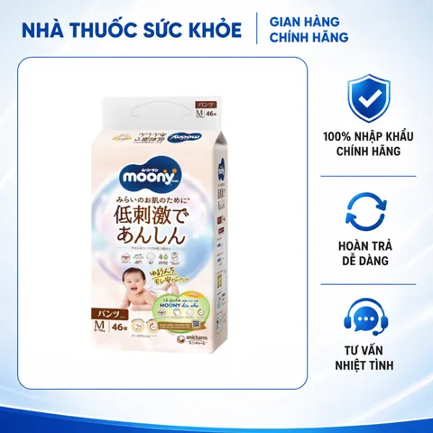 (Hàng nhập khẩu) Tã Quần Moony Dịu Nhẹ Size M 46 Miếng - Bông Organic Tự Nhiên, Siêu Thấm Hút & Chống Hăm Cho Bé (5-10kg)