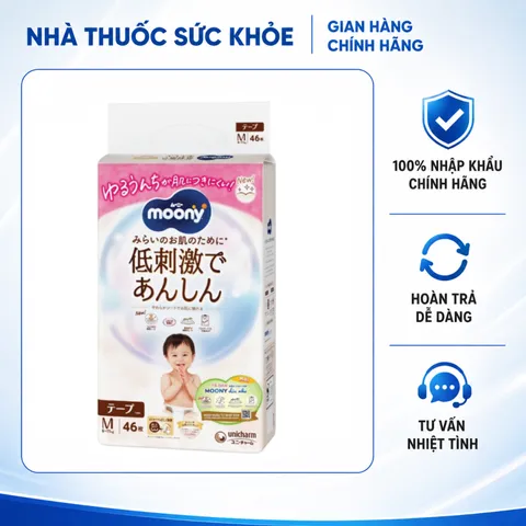 (Hàng nhập khẩu) Tã Dán Moony Dịu Nhẹ Size M 46 Miếng 6-11kg - Mềm Mại Cho Da Bé