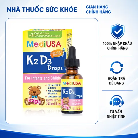 (Hàng nhập khẩu) MediUSA K2 D3 Drops hỗ trợ hấp thu canxi cho bé - Chai 30ml