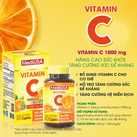 (Hàng nhập khẩu) MediUSA Vitamin C 1000mg + Zinc 30 Viên - Hỗ Trợ Tăng Cường Đề Kháng