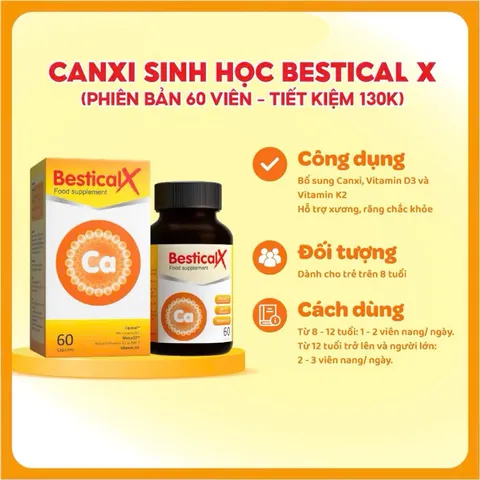 (Hàng nhập khẩu) Canxi Sinh Học Bestical X Dạng Viên Cho Trẻ Từ 8 Tuổi Hộp 60 Viên - Bổ Sung Canxi, Vitamin D3, K2