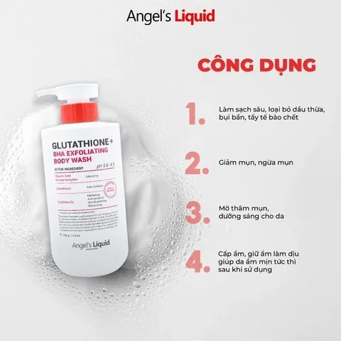 (Hàng nhập khẩu) Sữa Tắm Hỗ Trợ Giảm Mụn Mờ Thâm Angel’s Liquid Glutathione BHA Exfoliating Body Wash 500g
