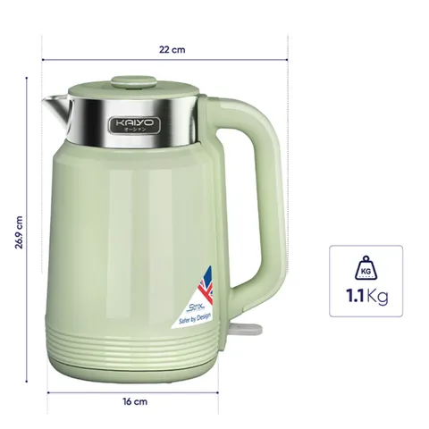 (Hàng chính hãng) Ấm Siêu Tốc 2 Lớp Cool Touch Kaiyo 2L Màu Xanh Mint
