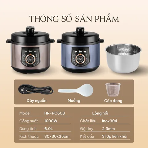 (Hàng nhập khẩu) Nồi Áp Suất Điện Hare HR-PC608 6L Màu Xanh - Lòng Nồi Inox 304 Đúc Liền Khối 3 Lớp