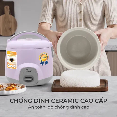 (Hàng nhập khẩu) Nồi Cơm Điện Hare HR-RC1206 1.2L - Kèm Xửng Hấp, Lòng Nồi Chống Dính Ceramic