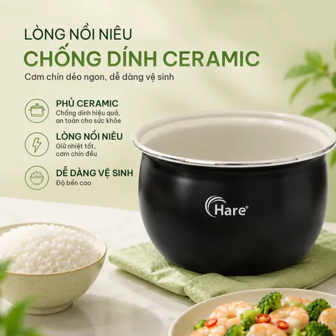 (Hàng nhập khẩu) Nồi Cơm Điện Hare HR-RC1818 1.8L - Công Suất 700W, Công Nghệ Ủ Ấm 2D