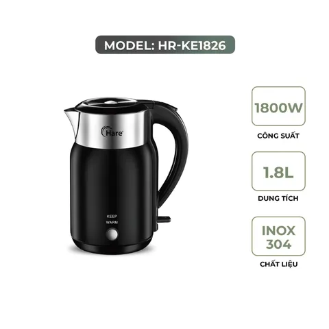 (Hàng chính hãng) Ấm Điện Đun Nước Hare HR-KE1826 1.8L Màu Đen - Công Suất 1800W