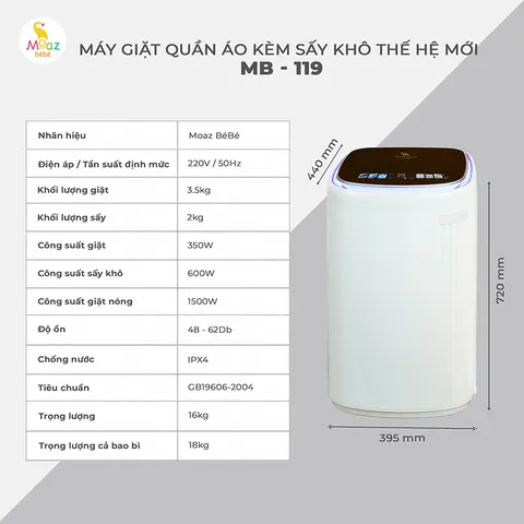 Máy giặt 3.5kg kèm sấy khô thế hệ mới Moaz BéBé MB – 119
