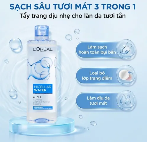 (Hàng nhập khẩu) Nước tẩy trang L'Oréal Micellar Water Refreshing cho da hỗn hợp và da dầu chai 400ml