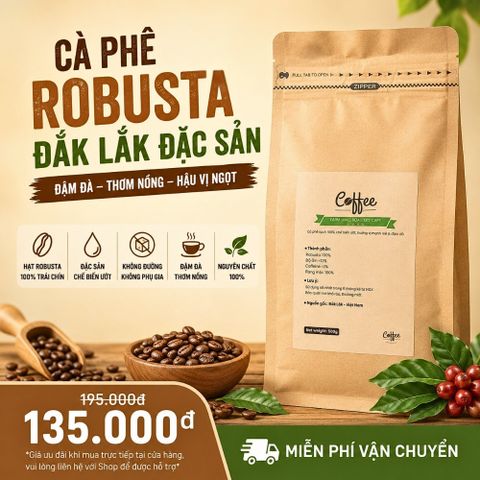 Cà phê Robusta Đaklak CAOFOOD 500g - Đặc sản chế biến ướt Tây Nguyên, hạt cà phê 100% chín, hương vị đậm đà, ngọt hậu tự nhiên
