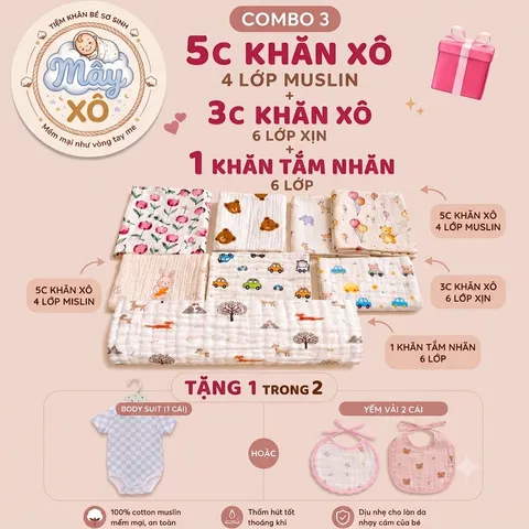 Khăn sữa muslin 4 lớp, set 10c tặng 2, 100% cotton siêu thấm hút