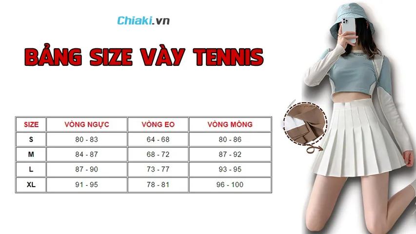 Bảng size váy tennis và cách chọn size chân váy tennis phù hợp