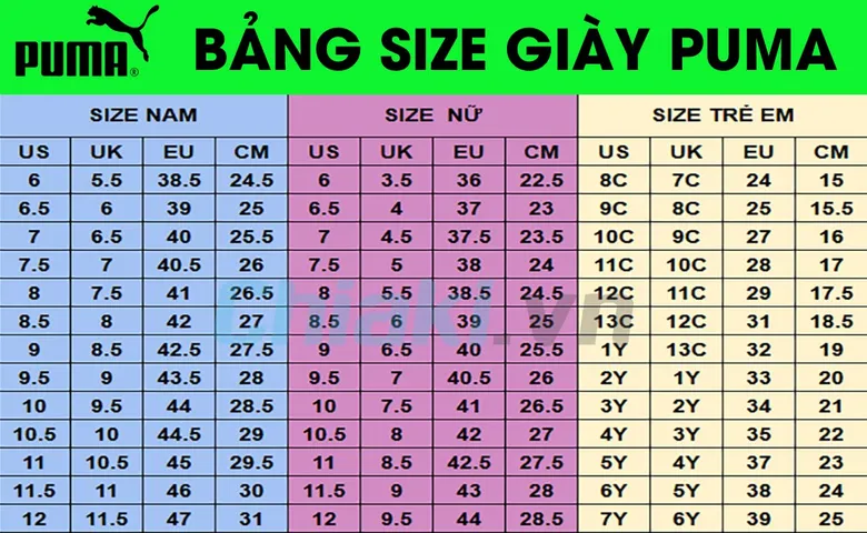 Bảng size giày Puma đầy đủ, chi tiết nhất cho nam, nữ, trẻ em