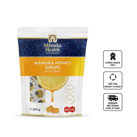 Kẹo ngậm mật ong Manuka MGO 400+ vị chanh - Hỗ trợ sức khỏe hô hấp, giảm ho tự nhiên, dinh dưỡng từ thiên nhiên, gói 250g