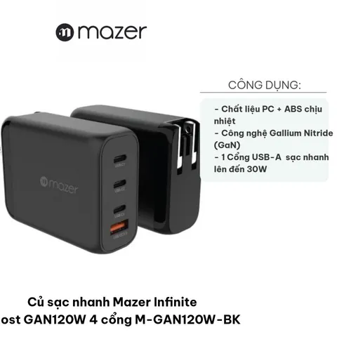 Củ sạc nhanh Mazer Infinite Boost GAN120W 4 cổng USB-C & USB-A - Sạc nhanh công nghệ GaN, nhỏ gọn và hiệu quả cao