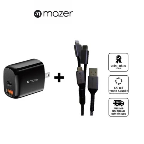 Combo Củ Sạc Mazer SuperMINI 20W và Dây Sạc Đa Năng 3in1 - Sạc Nhanh, Siêu Nhỏ Gọn, Tương Thích iPhone và Smartphone