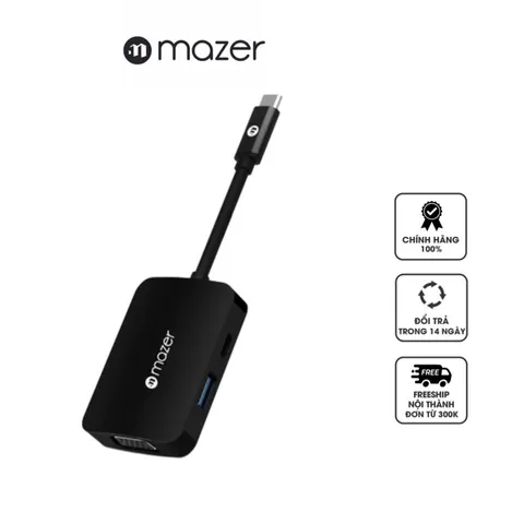 Hub Chuyển Đổi Mazer USB-C 4in1 M-UC2MULTI4040-BK - 4 Cổng Kết Nối HDMI 4K, VGA, USB-A, Sạc - Thiết Bị Mở Rộng Cho Laptop, PC, Android