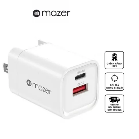 Củ sạc nhanh 33W Mazer Infinite Boots Super MINI Pro M-GAN2-T33W - Sạc 2 thiết bị đồng thời, siêu nhỏ gọn, công nghệ PD & QC chống quá tải