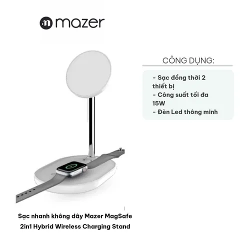 Sạc nhanh không dây Mazer MagSafe 2in1 - Đế sạc Hybrid cho iPhone 12 trở lên, Apple Watch, AirPods - Công suất 15W, Đẳng cấp hiện đại