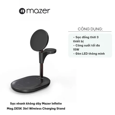 Sạc Nhanh Không Dây Mazer Infinite Mag.DESK 3in1 - Đế Sạc Chuyên Dụng Cho iPhone 12+, Apple Watch, AirPods