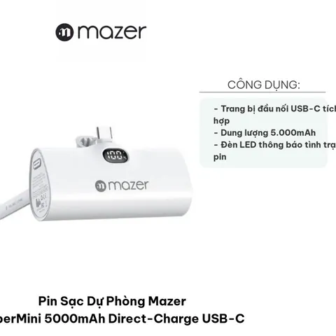 Pin Sạc Dự Phòng Mazer SuperMini 5000mAh USB-C - Sạc Nhanh 20W, Thiết Kế Nhỏ Gọn, Phù Hợp Với Thiết Bị Apple, Đen Trắng