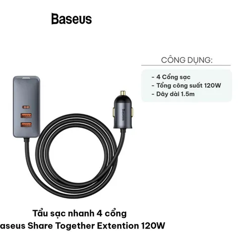 Tẩu sạc nhanh 4 cổng Baseus Share Together 120W - Sạc nhanh ô tô tiện lợi cho smartphone và tablet, độ dài dây 1.5m