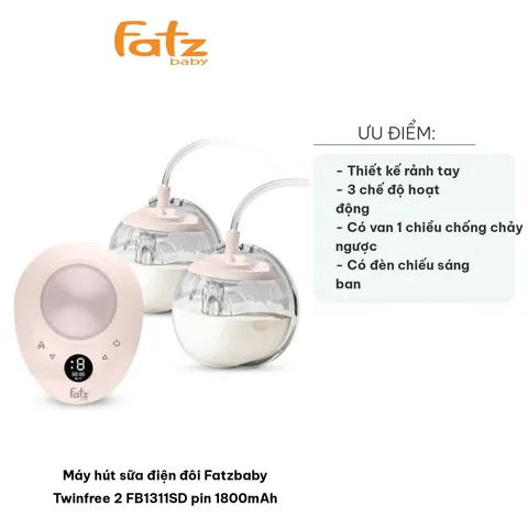 Máy Hút Sữa Điện Đôi Fatzbaby Twinfree 2 FB1311SD - Pin 1800mAh, 3 Chế Độ Hút Sữa, Rảnh Tay Tiện Lợi cho Mẹ Bỉm Sữa