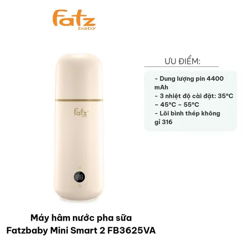 Máy Hâm Nước Pha Sữa Fatzbaby Mini Smart 2 FB3625VA - Thiết Kế Nhỏ Gọn, Điều Khiển Cảm Ứng, Dung Lượng Pin 4400mAh, Nhiệt Độ Chính Xác 1°C