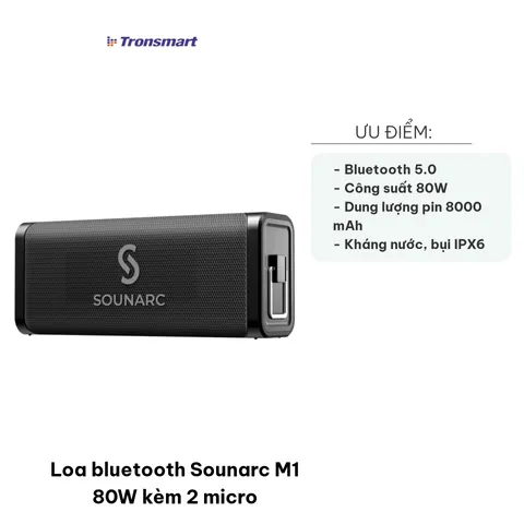 Loa Bluetooth Sounarc M1 80W Kèm 2 Micro Karaoke - Chất Lượng Âm Thanh Tuyệt Vời, Kết Nối Bluetooth 5.0, Pin 8000mAh, Khả Năng Kháng Nước IPX6